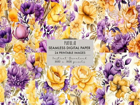 Nahtlose Aquarell Blumen Gelb Lila Muster Digitales Papier 24er Pack