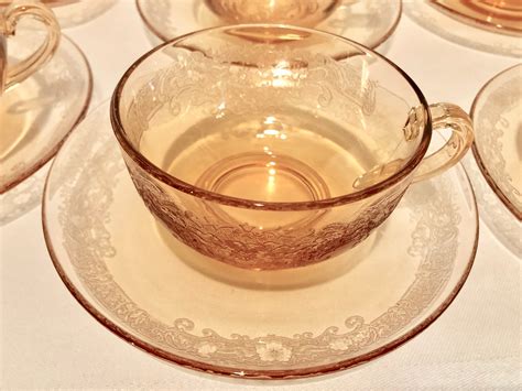 Vintage Art Nouveau Floral Amber Depression Glass Coffeetea Cups And Saucers Set Of Six