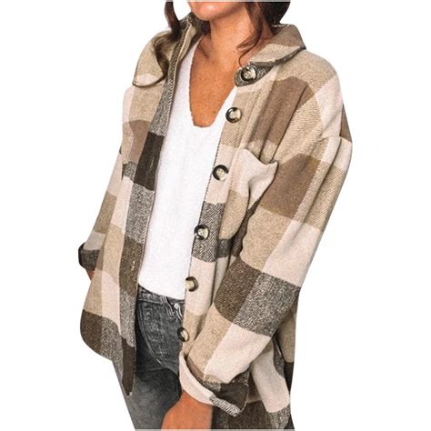 Womens Casual Flannel Plaid Button Down Jacket Long Sleeve Lapel Pocketed Shacket Coat