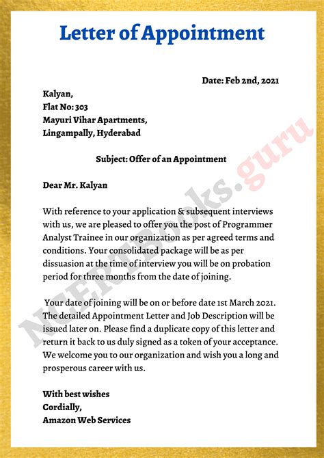 Letter Of Appointment Template