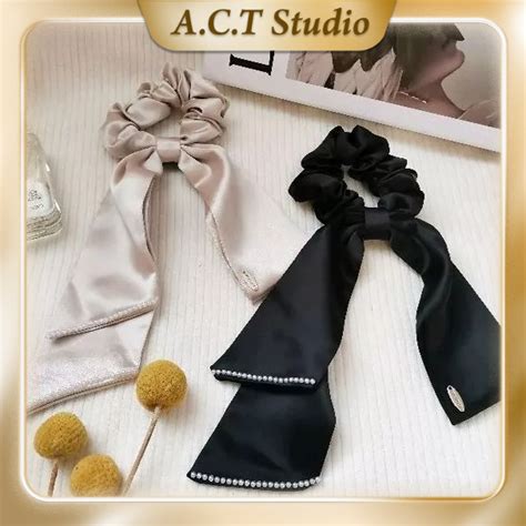 ACT STUDIO Satin Pearl Scrunchie Ribbon Hair Tie Riben Mutiara Getah