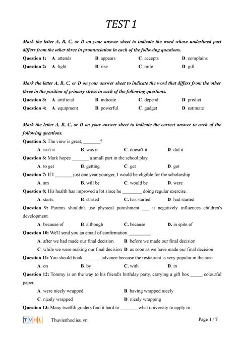 Test1 Exercises Test 1 Mark The Letter A B C Or D On Your Answer