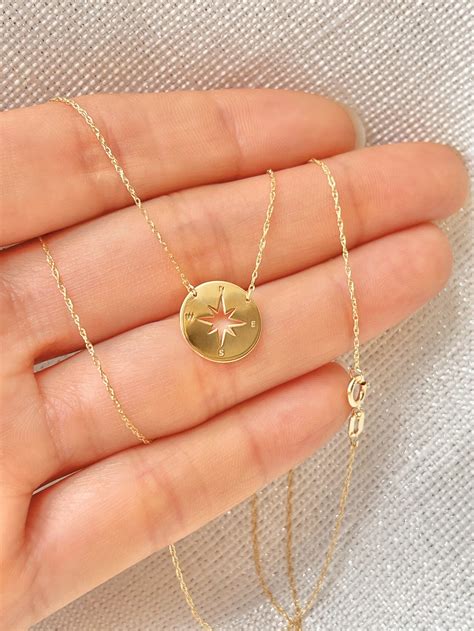 Compass Pendant Travel Necklace 14k Solid Gold Ultra Delicate Etsy