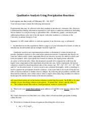 Qualitative Analysis Using Precipitation Reactions Qualitative