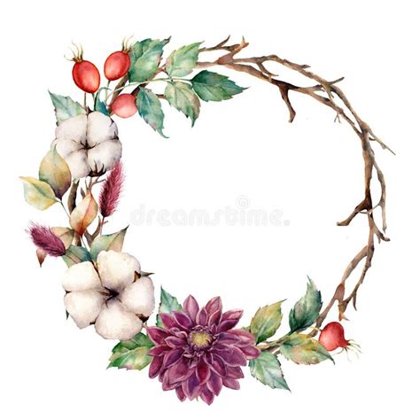 Watercolor Wreath With Tree Branches Apple Blossom Bird And Birdhouse