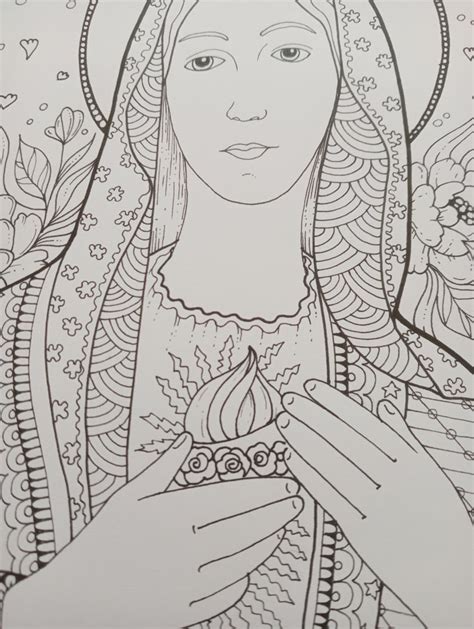 Immaculate Heart Of Mary Coloring Page For Adults Instant Download  Pdf Bibartworkshop Etsy