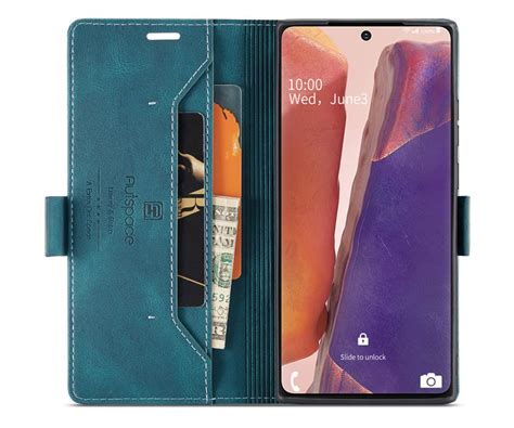 Autspace Samsung Galaxy Note 20 Rfid Blocking Retro Flip Leather Wallet Case Blue