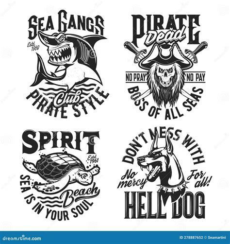 Shark Turtle Doberman And Pirate Skull Mascots Stock Vector