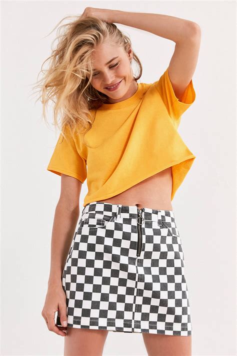 Bdg Checkered Denim Zip Mini Skirt Mini Skirts Checkered Skirt