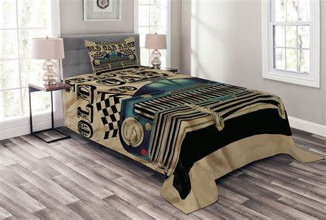 Ambesonne Cars Quilted Bedspread Set Pcs Traditional Old Race Car