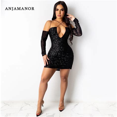 Anjamanor Sexy Party Night Club Sequin Dresses For Women Glitter Off