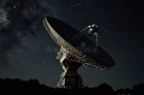 Close Up Of Satellite Dish With The Night Sky In The Background Stock