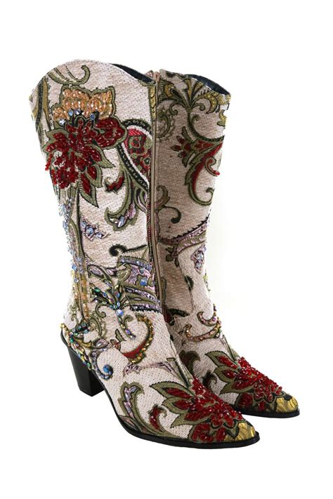 Helens Heart Tapestry Couture Zippered Tall Boots With Hand Sewn Crystals Optional Matching