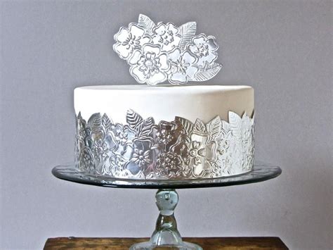 Metallic Silver Cake Decoration, Hand Embossed Flower Cake Wrap, Boho ...