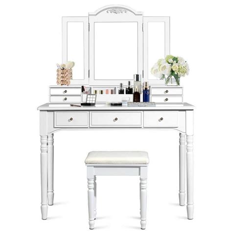 Forclover 7 Drawer White Makeup Dressing Table With Tri Folding Mirror