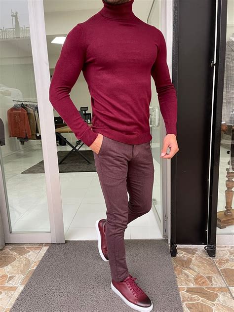 Burgundy Slim Fit Turtleneck Sweater For Men By