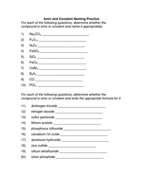 Ionic And Covalent Naming Worksheets