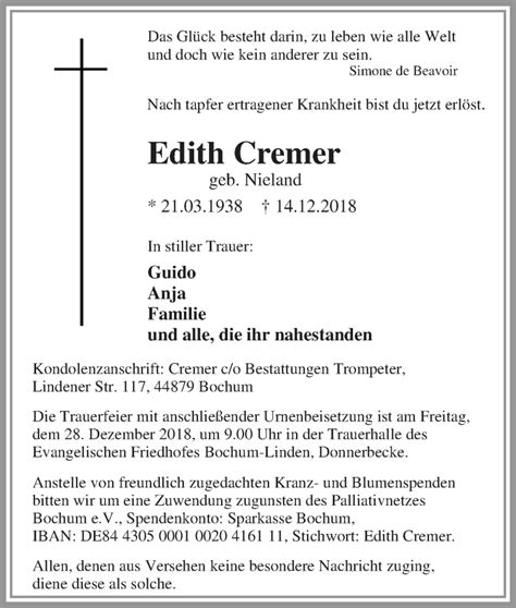 Traueranzeigen Von Edith Cremer Trauer In NRW De