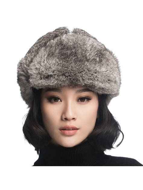 Rabbit Fur Aviator Hat Women Black Leather Winter Bomber Cap Russian