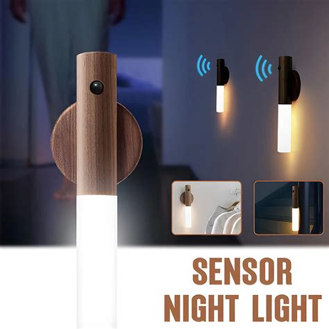 Led Wood Night Light Pir Motion Sensor Magnetic Wall Lamp Usb