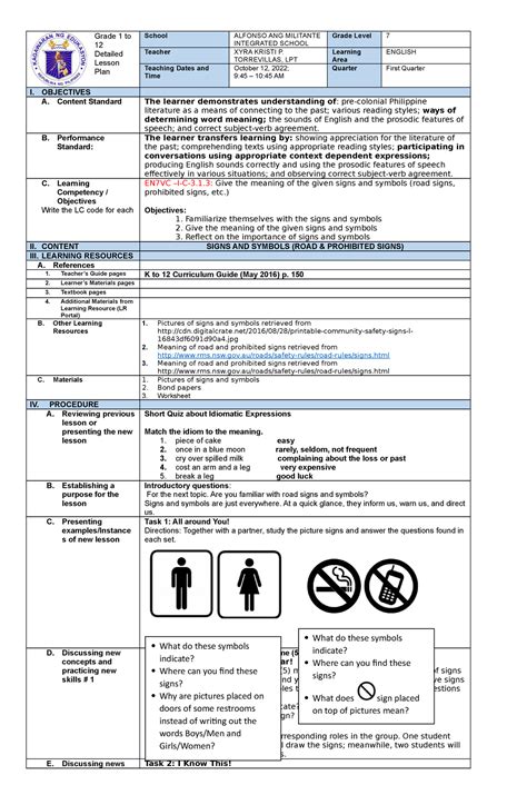 Lesson Plan Road Signs And Other Signages Grade 1 To 12 Detailed