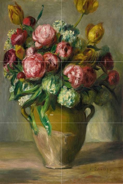 A Painting Of Flowers In A Green Vase On A Table With Two Squares Behind It