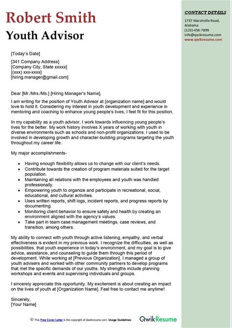 Youth Advisor Cover Letter Examples Qwikresume