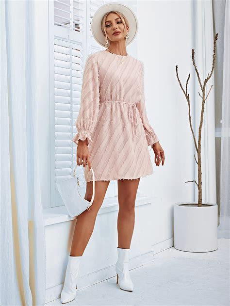 Solid Belted Flounce Sleeve Chiffon Fuzzy Dress Shein Usa