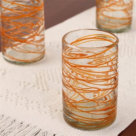 Unicef Market Hand Blown Glass Orange Swirl 13 Oz Water Glasses Set Of 6 Tangerine Swirl