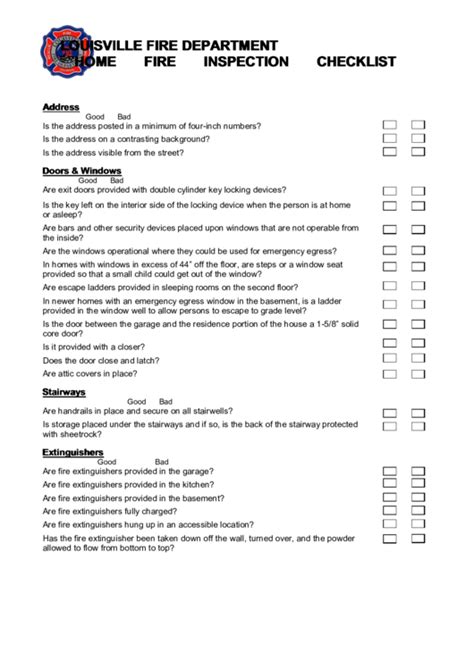 Home Fire Inspection Checklist Printable Pdf Download 320