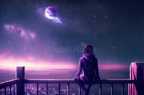 Woman In Futuristic Suit Sitting On Railing Admiring Night Sky Stock