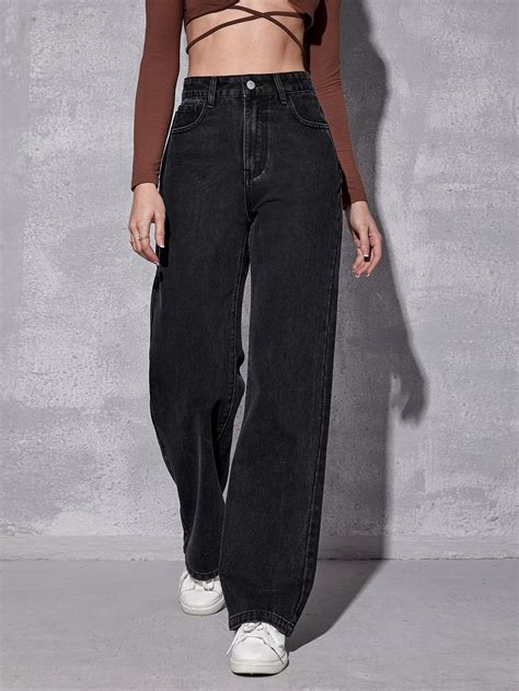 Black Denim Plain Wide Leg Embellished Non Stretch Women Denim Denim