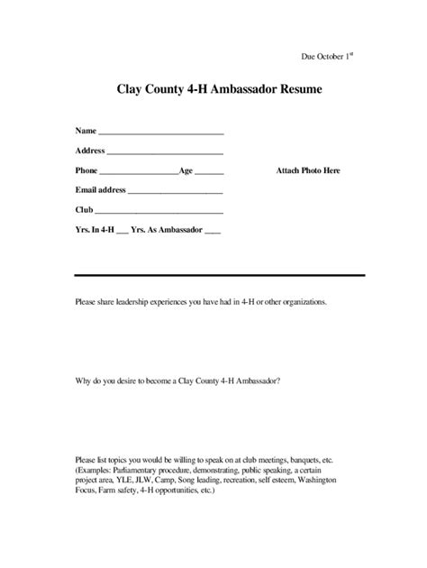 Fillable Online Clay County H Ambassador Resume Fax Email Print