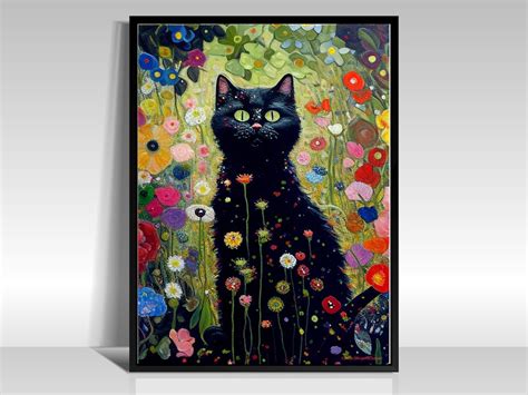 A Painting Of A Black Cat Sitting In The Middle Of Flowers On A White