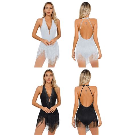 Yeahdor Feminino Borla Dança Latina Collant Vestido Profundo Decote Em