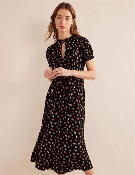 Ruched Jersey Midi Tea Dress Black Dainty Sprig Boden EU