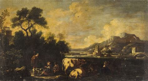 Paesaggio Con Pastori Ponte E Casolare Par Michelangelo Cerquozzi Sur