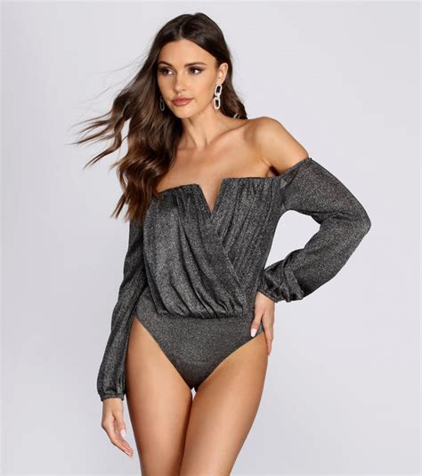 Off The Shoulder Glitter Knit Bodysuit And Windsor