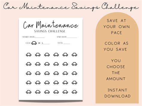 Car Maintenance Savings Challenge Tracker Choose Your Own Budget