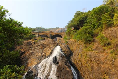 Railway Bridge through the Waterfall Dudhsagar Stock Image - Image of national, environment ...