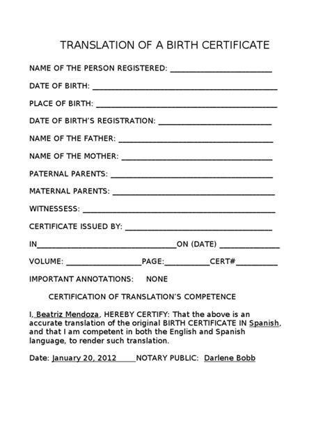 Printable Birth Certificate Translation Template