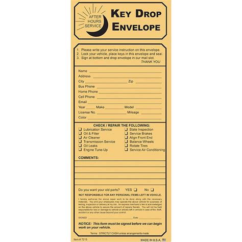 Night Drop Envelope Key Drop Kraft With Checklist Qty 100 Zuma