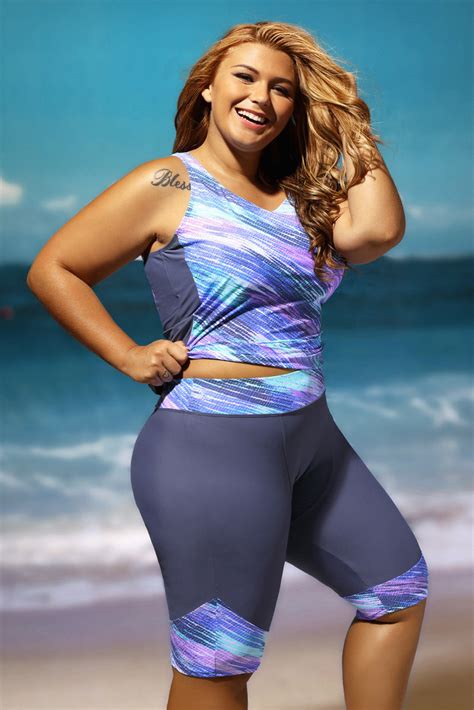 Plus Size Sleeveless Top And Cropped Pants Two Piece Tankini Swimsuit