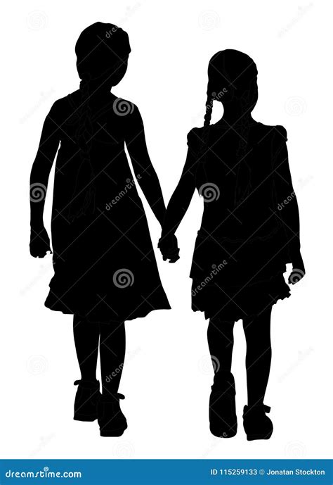 Deux Filles Marchant Et Tenant La Silhouette De Mains Illustration