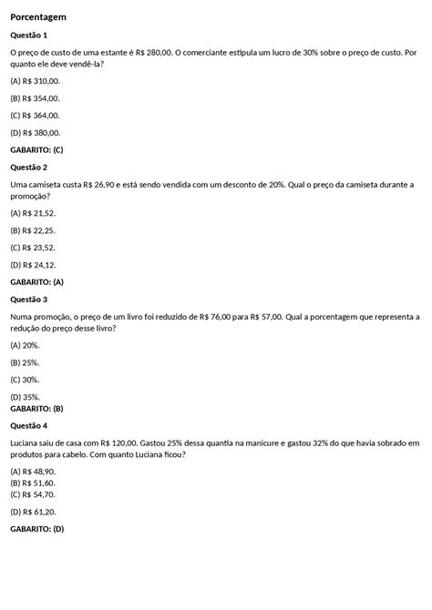 Porcentagem | Exercícios Matemática | Docsity