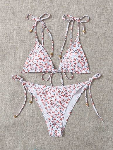 Heart Print Triangle Tie Side Bikini Swimsuit