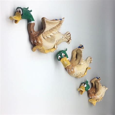 Flying Ducks Wall Sculpture Ceramic Pottery Stoneware Ornament