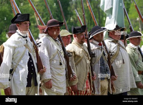 Continental Army Soldiers With Muskets In Revolutionary War Reenactment