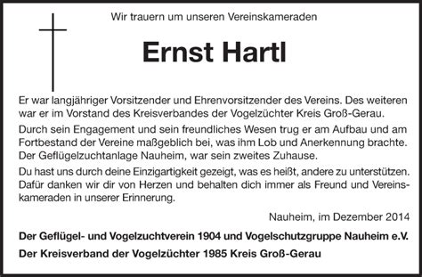 Traueranzeigen Von Ernst Hartl Vrm Trauer De