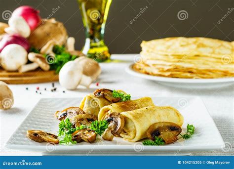 Hot Russian Pancakes or Blini with Mushrooms. Stock Image - Image of cake, holiday: 104215205